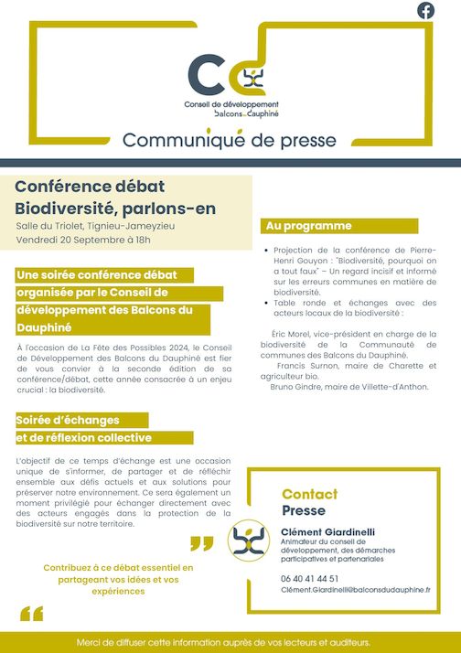 Conférence débat Biodiversité parlons-en, le 20 septembre 2024 à Tignieu-Jameyzieu